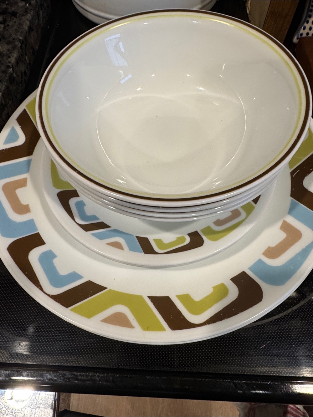 Corelle Retro Geo Dinner Plate and Bowl Set - Blue, Green, Brown, Tan, Cream